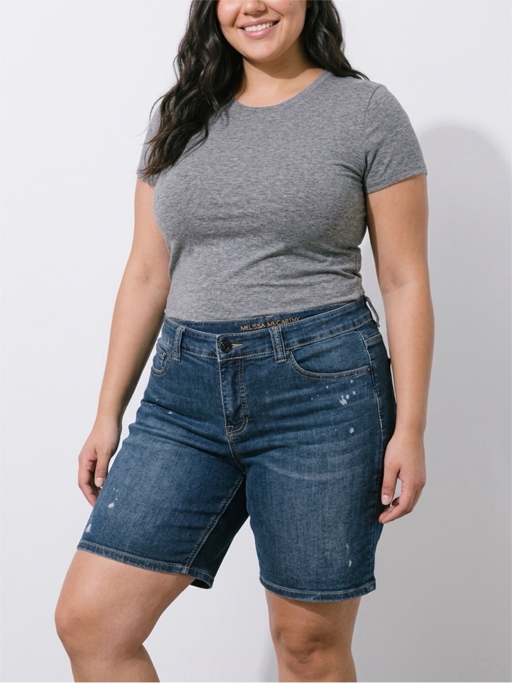 Melissa McCarthy (size 14 W) Seven7 Blue Denim Paint-Splash Jean Shorts